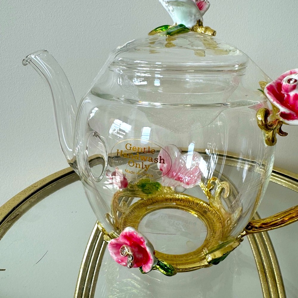 Elegant Glass Floral Teapot with Pink Accents NWT - Picture 2 of 7